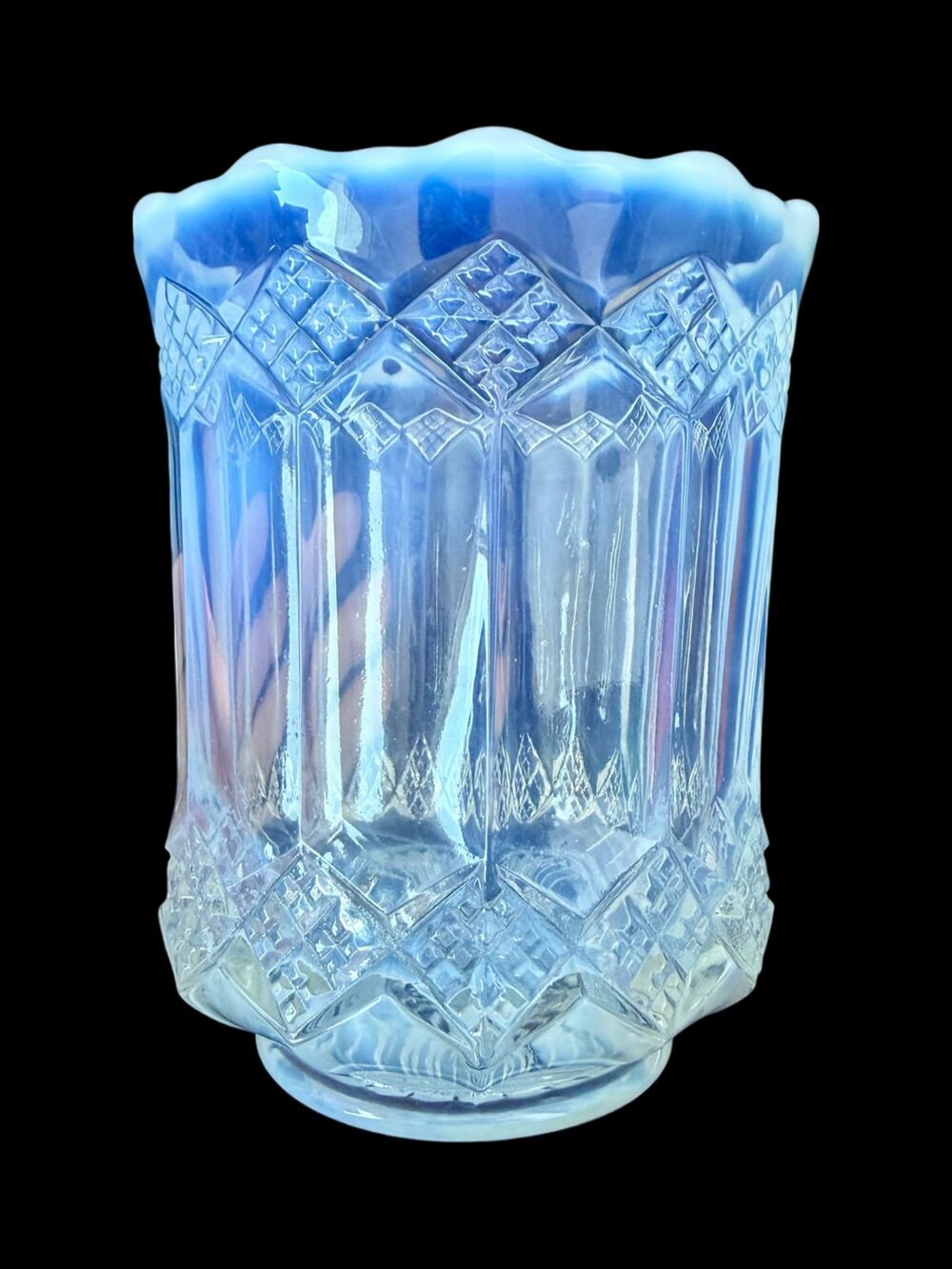 Mosser White Ice Blue Opalescent Glass Celery Vase Spooner